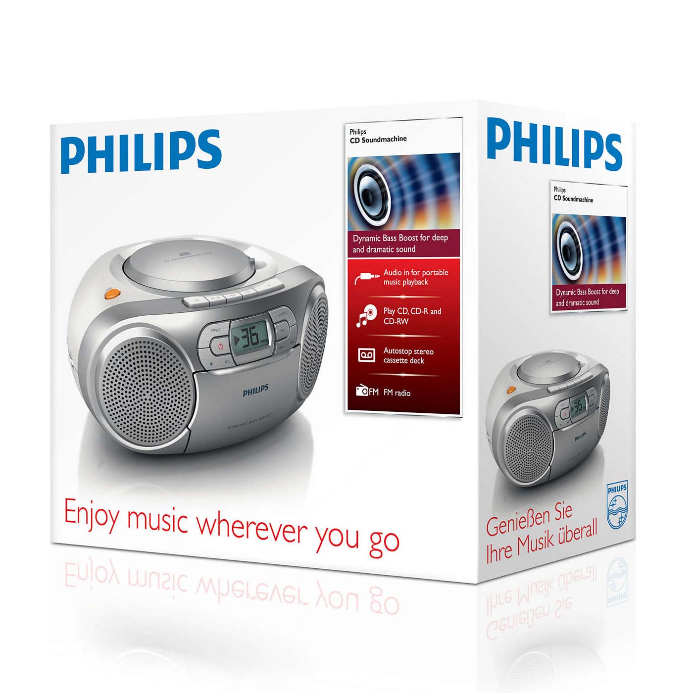 Philips AZ127/05 Portable Boombox Tape Deck, CD Player, CD/CDRW, FM