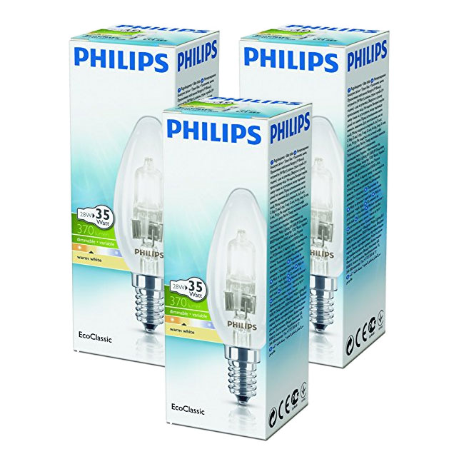 3 x Philips 28W (35W) E14 SES Halogen Candle Bulbs 2800K Warm White